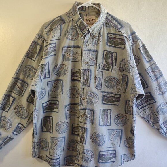Vintage Woolrich Rugged Outdoorwear Men's Shirt  Fishing Print Made in USA  Sz L - Picture 1 of 7
